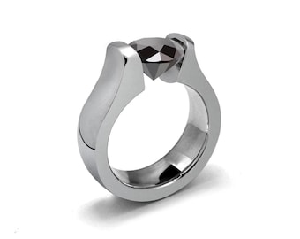 MAREA Domed high mounting ring with tension set Black Diamond in stainless steel