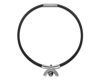 MAYAN inspired black rubber necklace with Black Pearl in stainless steel