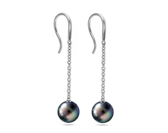 Thin chain drop dangling earrings with black pearls in stainless steel