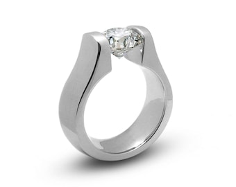 MAREA Flat High-Set Ring | Tension Set White Sapphire | Sculpted Stainless Steel