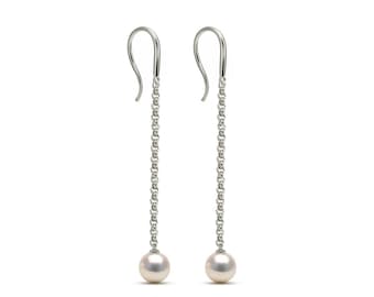 White Pearl Dangle Earrings | Stainless Steel Rolo Chain | Custom Length Available