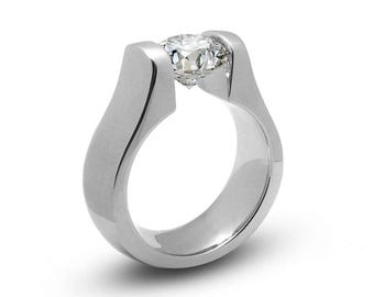 Tension Set White Sapphire Ring | High-Set Stainless Steel Engagement | Marea Design