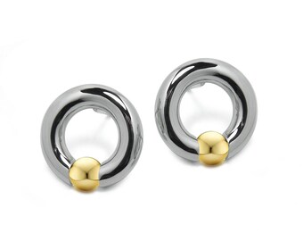 LUNA stud tubular circle earrings with tension set Gold Sphere in stainless steel