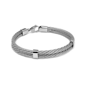 May include: A silver-colored bracelet with a woven cable design. The bracelet features a clasp closure and two rectangular accents. The bracelet is made of a shiny, metallic material and is displayed against a white background.