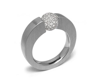 ABBRACCI tapered ring with tension set Pavé White Sapphire Station in stainless steel