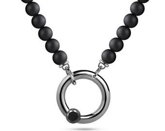LUNA obsidian beaded necklace with round tubular pendant and off centered tension set Black Diamond