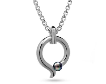 ONDE teardrop tubular pendant with tension set black pearl in stainless steel