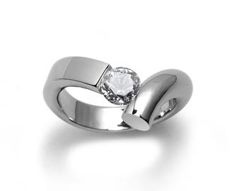 Tension Set White Sapphire Ring | Flat/Rounded Bypass Stainless Steel | Profilo Design