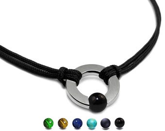 ABBRACCI double rope necklace with round center ring  with tension set semiprecious sphere in stainless steel