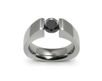 PYRAMID Triangular Ring | Tension Set Black Diamond | Stainless Steel Modernist Design