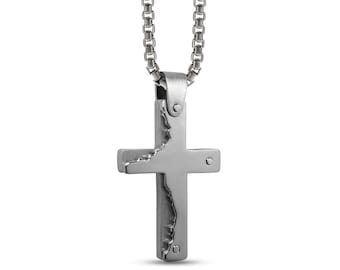 FRACTURE Split Cross Pendant | Sculptural Stainless Steel | Modern Industrial Men's Necklace