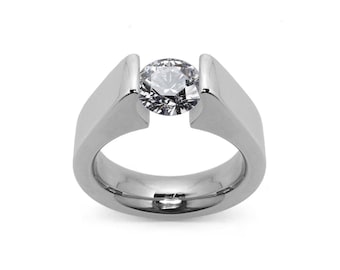 AMORE High setting ring with tension set white sapphire in stainless steel