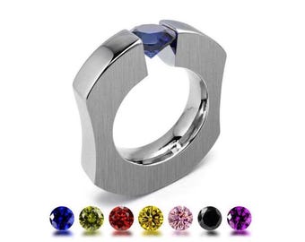 Tension Set Colored Gemstone Ring | Ergonomic Stainless Steel Mounting | Abbracci Design