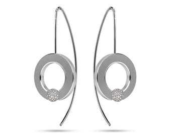 Tension Set Pavé White Sapphire Station O-Ring Dangle Earrings | Flat Brushed Stainless Steel | Abbracci