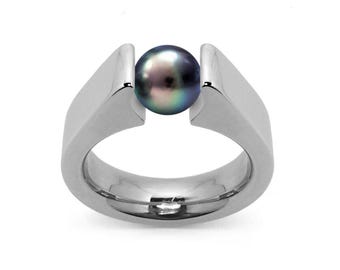 AMORE High mounting ring with tension set black pearl in stainless steel
