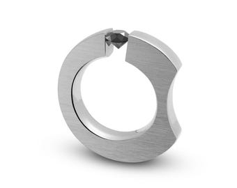CELESTIAL tapered flat ergonomic ring with tension set black diamond in stainless steel