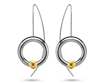 LUNA drop tubular circle earrings with tension set round gold sphere in stainless steel