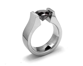 PETRA Flat and rounded high mounting ring with tension set Black Diamond in stainless steel