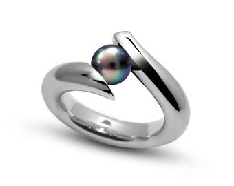 ONDE Swirl Bypass ring with tension set black pearl in stainless steel