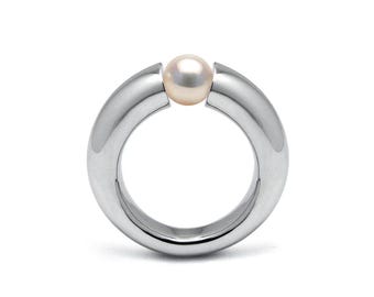 LUNA tapered rounded ring with tension set white pearl in stainless steel by Taormina Jewelry