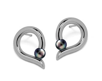 ONDE Teardrop Earrings | Tension Set Black Pearl | Minimalist Stainless Steel Design