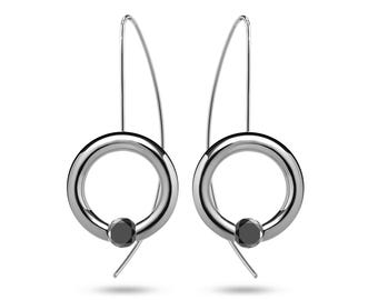 LUNA drop tubular circle earrings with tension set Black Diamond in stainless steel