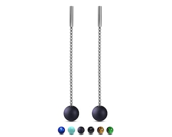Long box chain drop dangling stud earrings with obsidian in stainless steel | Custom Length Available