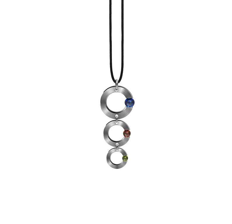 ABBRACCI Triple round flat pendant with offside tension set colored gemstones in stainless steel by Taormina Jewelry Cord