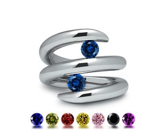 DUETTO Double Bypass Ring | Tension Set Blue Sapphires | Architectural Luxury