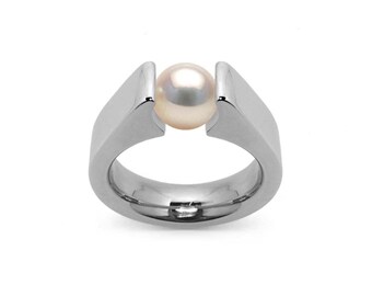 AMORE High mounting ring with tension set white pearl in stainless steel