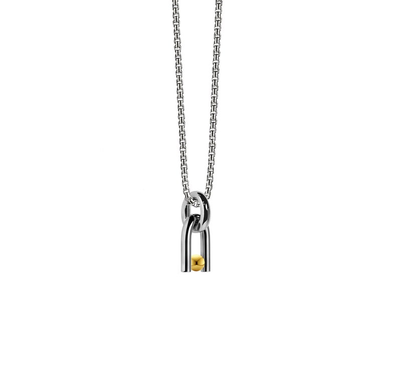 DIAPASON shaped tubular pendant with tension set Gold sphere in stainless steel by Taormina Jewelry Chain