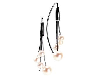 White Cultured Pearl Bridal Earrings in Stainless Steel Wires by Taormina Jewelry