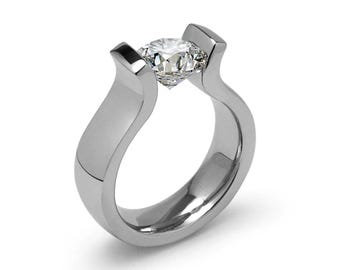 Tension Set White Sapphire Ring | High-Set Stainless Steel Engagement | Lyre Design
