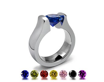 MAREA domed high mounting ring with tension set colored gemstones in stainless steel