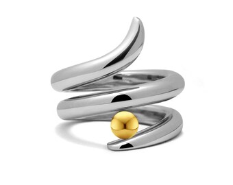 ONDE double rows bypass ring with tension set gold sphere in stainless steel