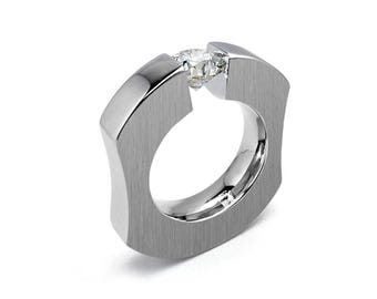ABBRACCI ergonomic ring with tension set White Sapphire in stainless steel