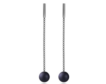 Long box chain drop dangling stud earrings with obsidian in stainless steel
