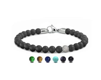 Gemstone Beaded Bracelet 6mm | White Sapphire Pavé Station & Signature Clasp | Stainless Steel Luxury Design
