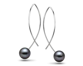 Architectural Black Pearl Drop Earrings | Bespoke Iridescent Baroque Pearl & Stainless Steel Threader | Filo Design