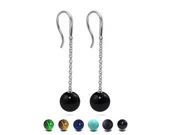 Thin chain drop dangling earrings with semiprecious sphere in stainless steel