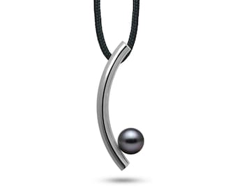 Architectural Stainless Steel Tubular Necklace with Black Pearl | Contemporary Minimalist Jewelry | Curve