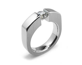 ABBRACCI flat sides men's ring with tension set white sapphire in stainless steel