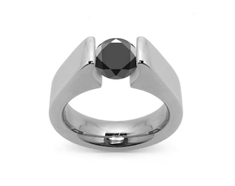 AMORE High mounting ring with tension set black diamond in stainless steel