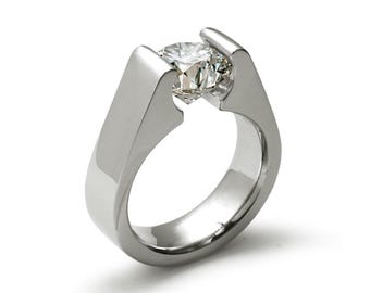 Tension Set White Sapphire Ring | High-Set Stainless Steel Engagement | Amore Design