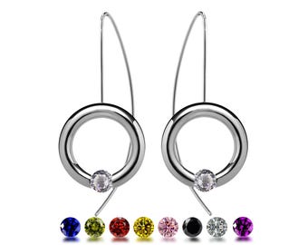LUNA drop tubular circle earrings with tension set round White Sapphire in stainless steel