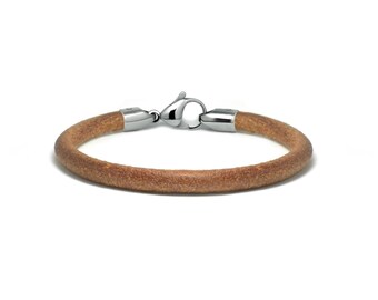 5mm tubular brown leather bracelet with lobster clasp in stainless steel