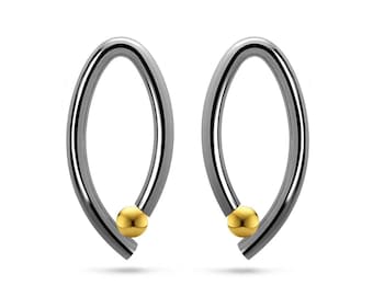 OVUM oval cat eye shaped drop stud earrings with tension set gold spheres in stainless steel