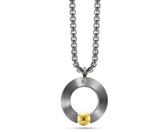 ABBRACCI round flat pendant with tension set gold sphere in stainless steel