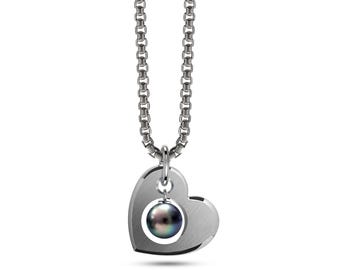 CUORE open hart pendant with black pearl dangling in the center in stainless steel