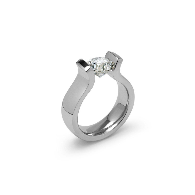 LYRE High setting ring with tension set white sapphire in stainless steel by Taormina Jewelry image 1